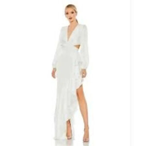 Mac Duggal Gown Asymmetrical Cut Out Ruffle in Satin White. Sz: 14